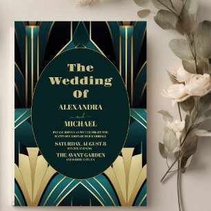 Invitation Élégant Mariage Art déco vert et or