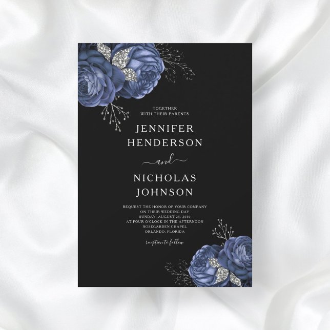 Invitation Élégant mariage aux pivoines noires et bleues  (Créateur téléchargé)