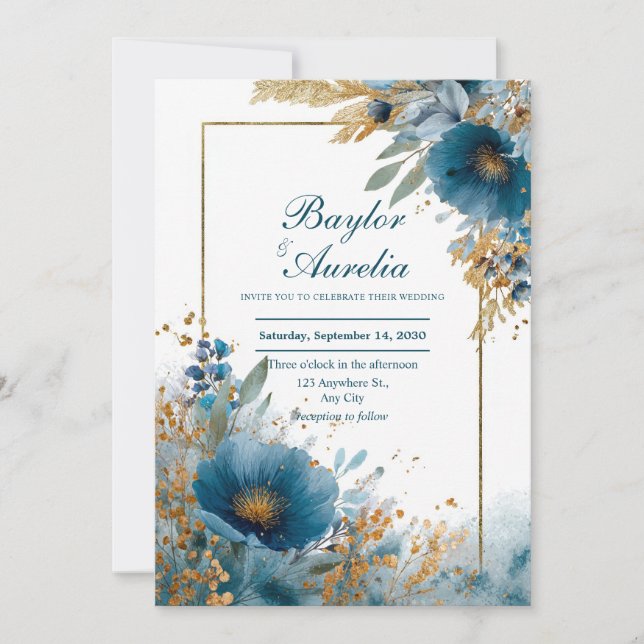 Invitation Élégant Mariage Azure Blooms & Gold Frame (Devant)