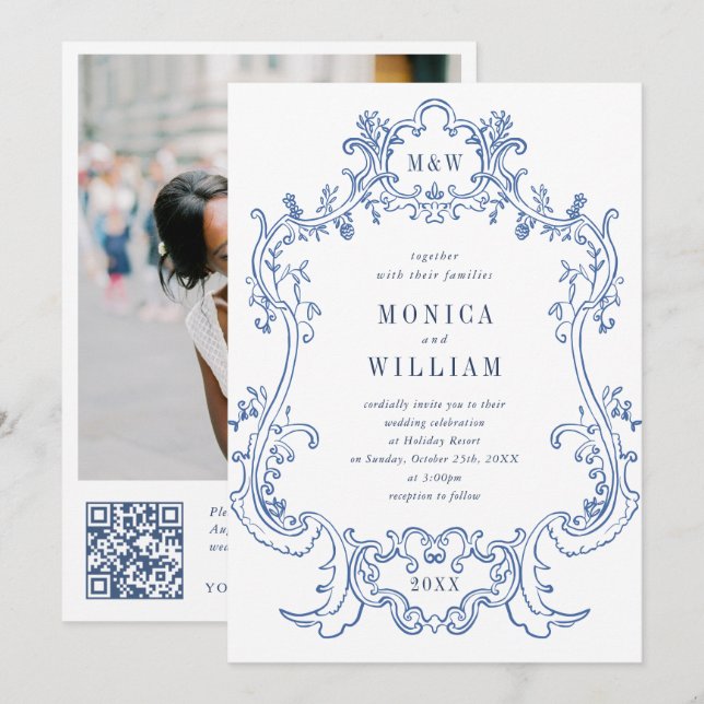Invitation Elégant Mariage Baroque Bleu Ornate Frame Photo QR (Devant / Derrière)