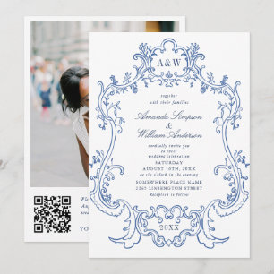 Invitation Elégant Mariage Baroque Bleu Ornate Frame Photo QR