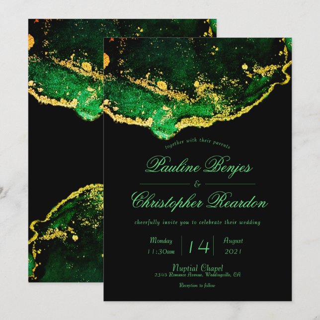 Invitation Élégant Mariage Black Green Gold (Devant / Derrière)