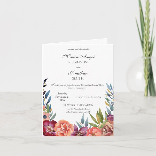 Invitation Élégant Mariage blanc bordeaux tropical plié (Devant)