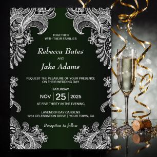 Invitation Élégant Mariage blanc dentelle verte