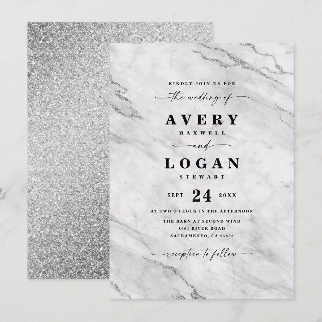 Invitation Élégant Mariage blanc et argent en marbre et Parti (Devant / Derrière)