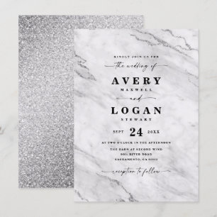 Invitation Élégant Mariage blanc et argent en marbre et Parti
