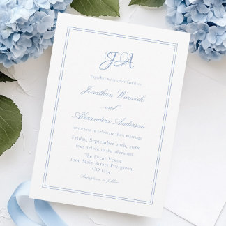 Invitation Elégant Mariage blanc et bleu poussiéreux