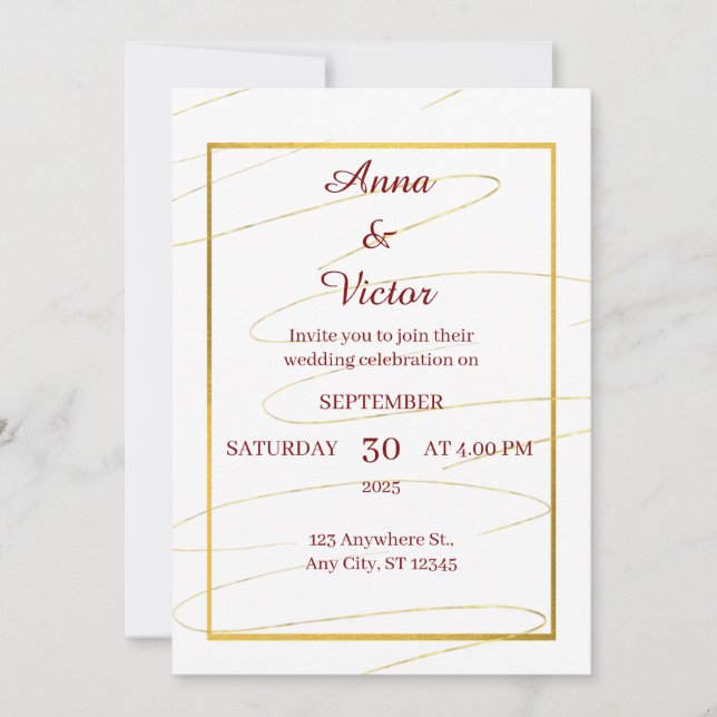 Invitation Élégant Mariage blanc et or (Devant)