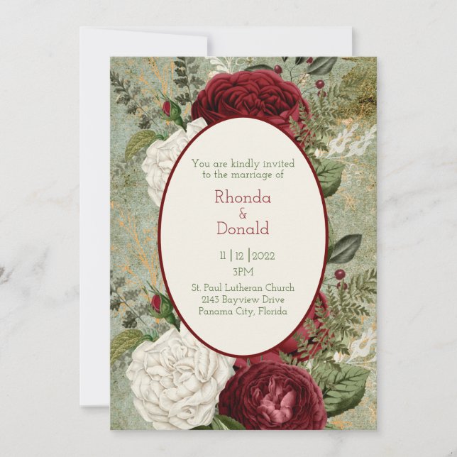 Invitation Élégant Mariage blanc et rouge foncé (Devant)