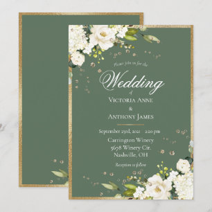 Invitation Élégant Mariage blanc floral or vert