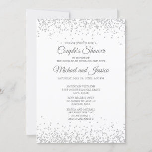 Invitation Élégant Mariage Blanc Paillettes Argent Couple