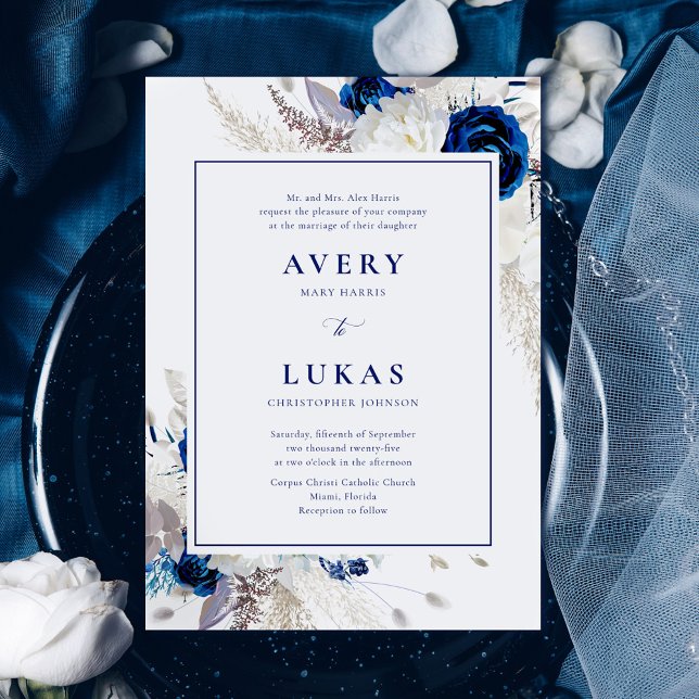 Invitation Elégant Mariage bleu & blanc (Créateur téléchargé)