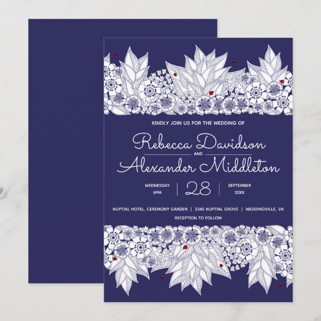 Invitation Elégant Mariage bleu blanc (Devant / Derrière)