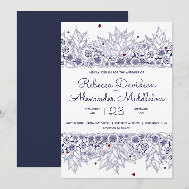 Invitation Elégant Mariage bleu blanc (Devant / Derrière)