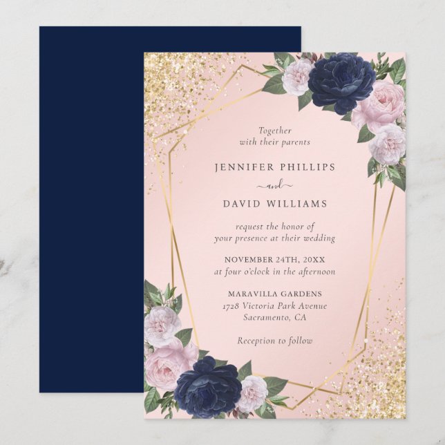 Invitation Elégant Mariage bleu bleu bleu bleu bleu rose Geo  (Devant / Derrière)