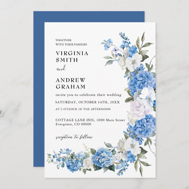 Invitation Elégant Mariage bleu bleu floral Bow (Devant / Derrière)