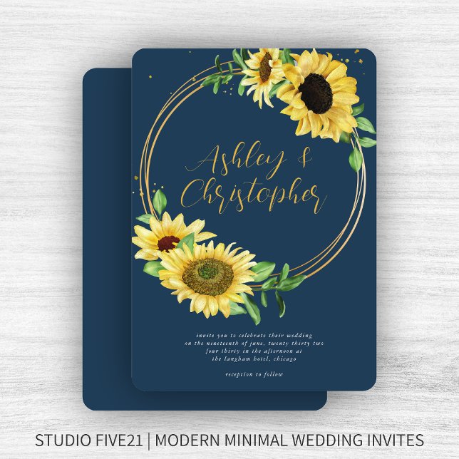 Invitation Élégant Mariage bleu de la marine de tournesol rus (Créateur téléchargé)