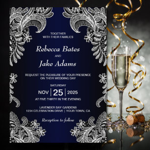Invitation Élégant Mariage bleu dentelle blanche