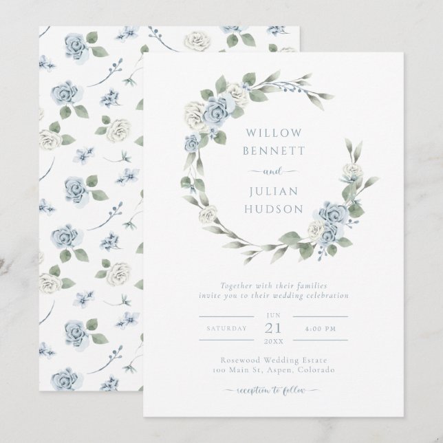 Invitation Elégant Mariage bleu Dusty (Devant / Derrière)