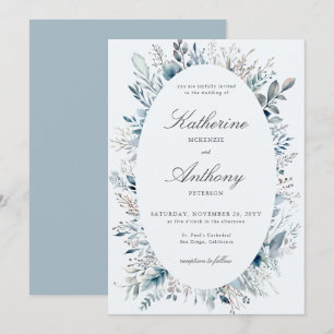 Invitation Elégant Mariage bleu encadré Boho Foliage d'hiver
