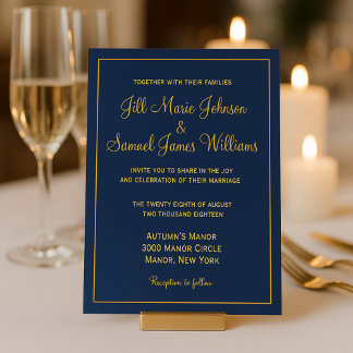 Invitation Elégant Mariage bleu et jaune