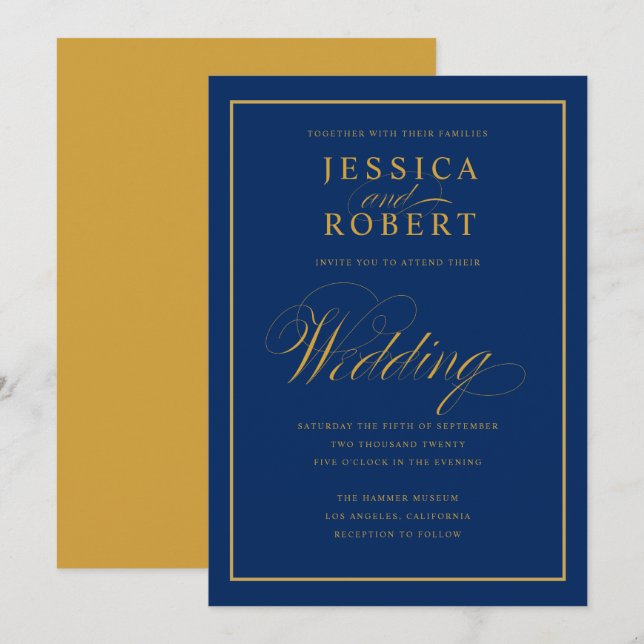 Invitation Elégant Mariage bleu et jaune de la marine (Devant / Derrière)