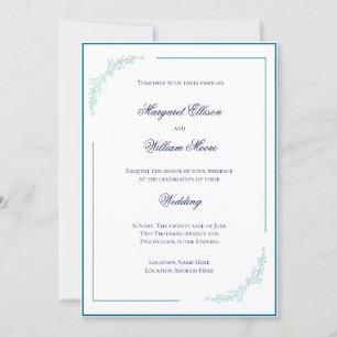 Invitation Élégant Mariage bleu et Turquoise de fleurs