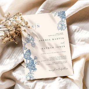 Invitation Élégant Mariage bleu floral dentelle ivoire