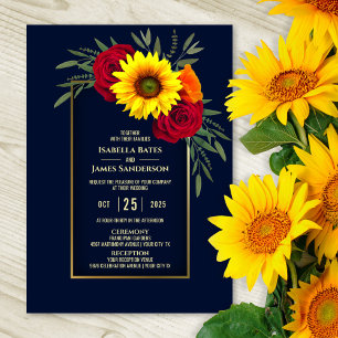 Invitation Élégant Mariage bleu or tournesol rouge rose