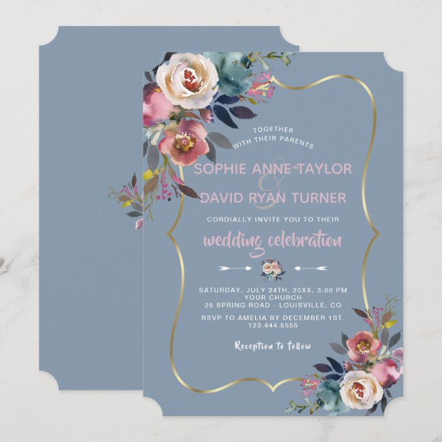 Invitation Elégant Mariage bleu rose rose floral or Dusty (Devant / Derrière)