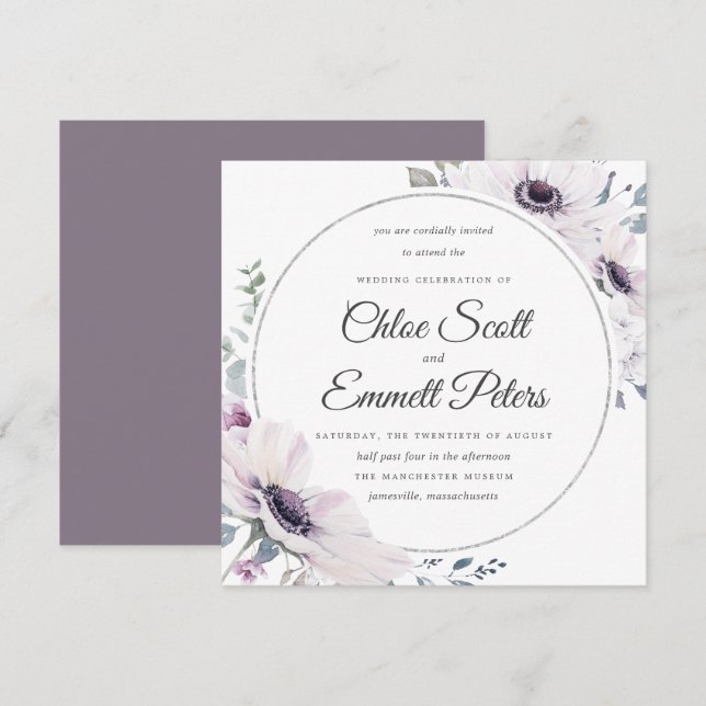 Invitation Élégant Mariage bleu violet fleuri argent (Devant / Derrière)