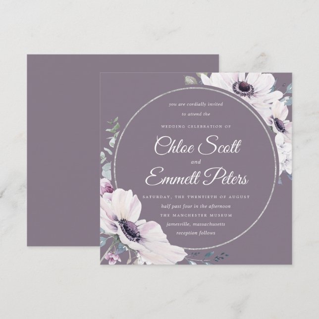 Invitation Élégant Mariage bleu violet fleuri argent (Devant / Derrière)