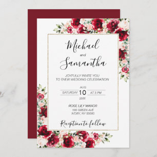 Invitation Élégant Mariage Blush et Red Roses