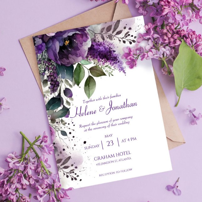 Invitation Élégant Mariage Boho violet à l'aquarelle (Créateur téléchargé)