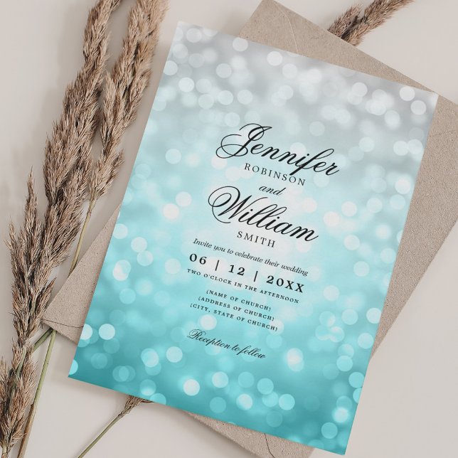 Invitation Elégant Mariage Bokeh Lumières Plage Romantique Om (Elegant Wedding Bokeh Lights Romantic Beach Ombre Invitation)