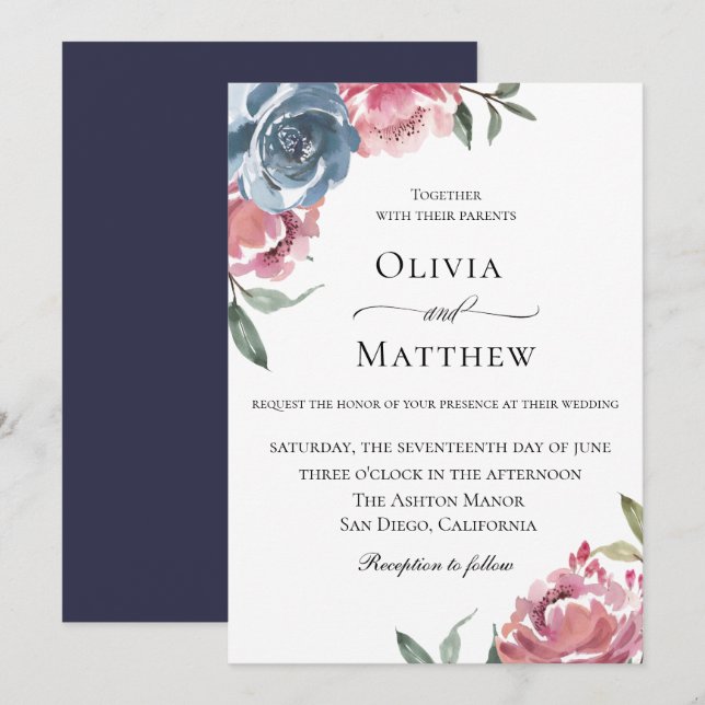 Invitation Élégant Mariage botanique bleu marine Mauve (Devant / Derrière)