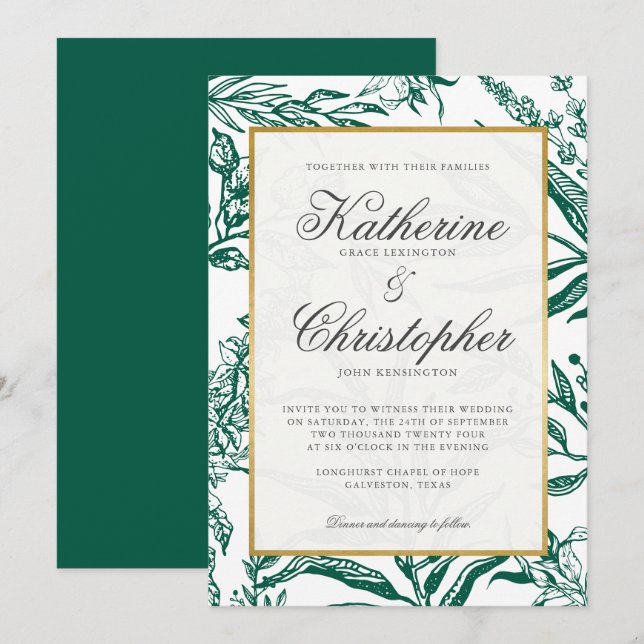 Invitation Élégant Mariage botanique en or foncé (Devant / Derrière)