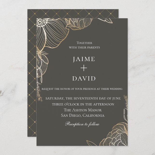 Invitation Élégant Mariage botanique Floral Or (Devant / Derrière)