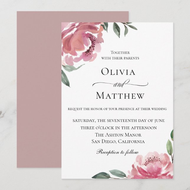 Invitation Élégant Mariage botanique Mauve (Devant / Derrière)