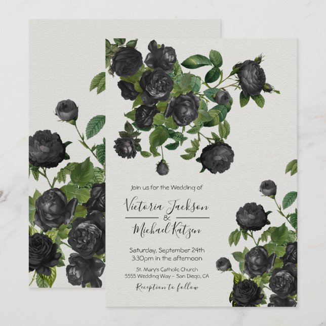 Invitation Élégant Mariage botanique noir (Devant / Derrière)