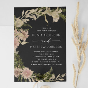 Invitation Élégant Mariage Botanique Noir Fougère Florale +