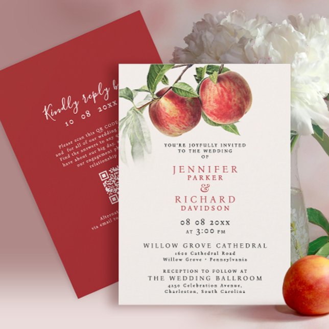 Invitation Élégant Mariage botanique Rustique de Pêche Rouge (Créateur téléchargé)