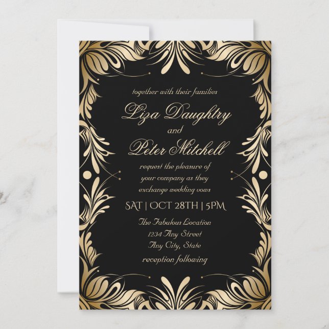 Invitation Élégant Mariage Brossé Gold Frontière (Devant)