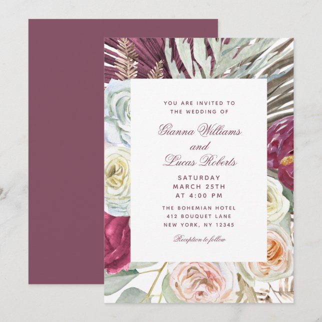 Invitation Elégant Mariage campagnard floral Boho aquarelle (Devant / Derrière)