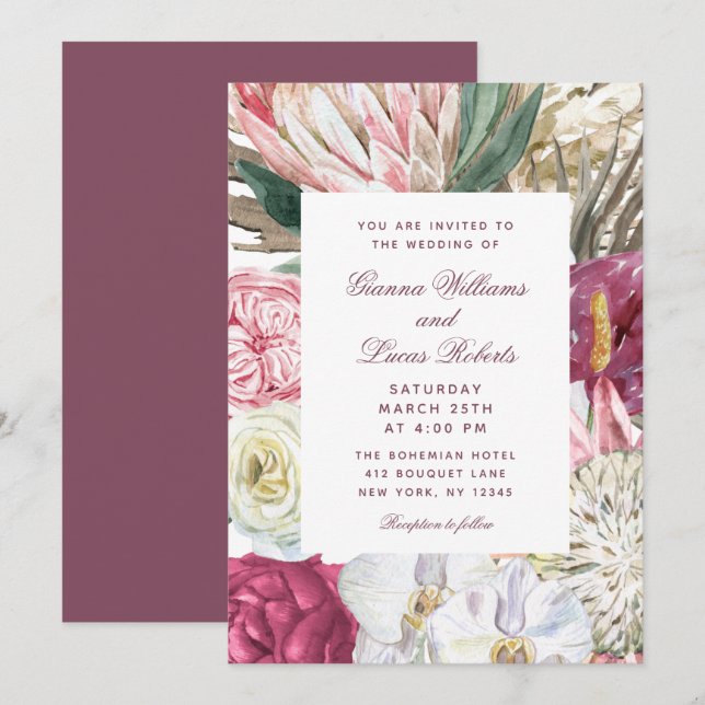Invitation Elégant Mariage campagnard floral Boho aquarelle (Devant / Derrière)