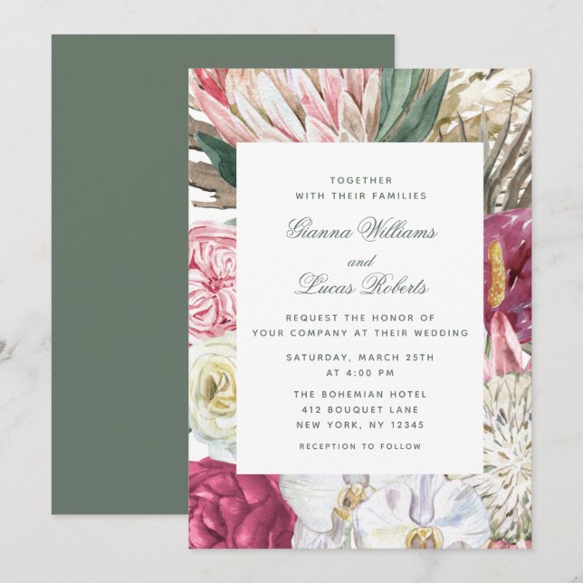 Invitation Elégant Mariage campagnard floral Boho aquarelle (Devant / Derrière)