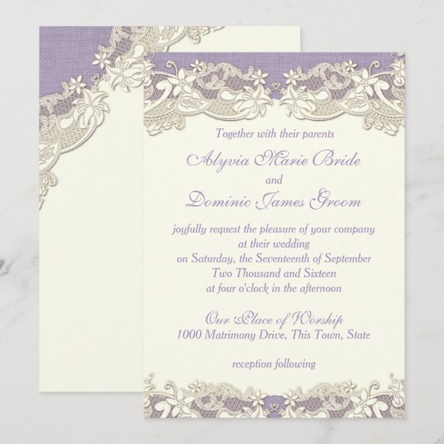 Invitation Élégant Mariage campagnard Lavande (Devant / Derrière)