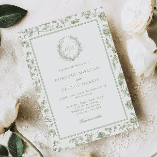 Invitation Élégant Mariage Chinoiserie Crête Vert Sauge