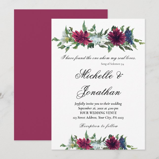 Invitation Élégant Mariage chrétien Burgundy Rouge Bleu Flora (Devant / Derrière)