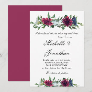 Invitation Élégant Mariage chrétien Burgundy Rouge Bleu Flora